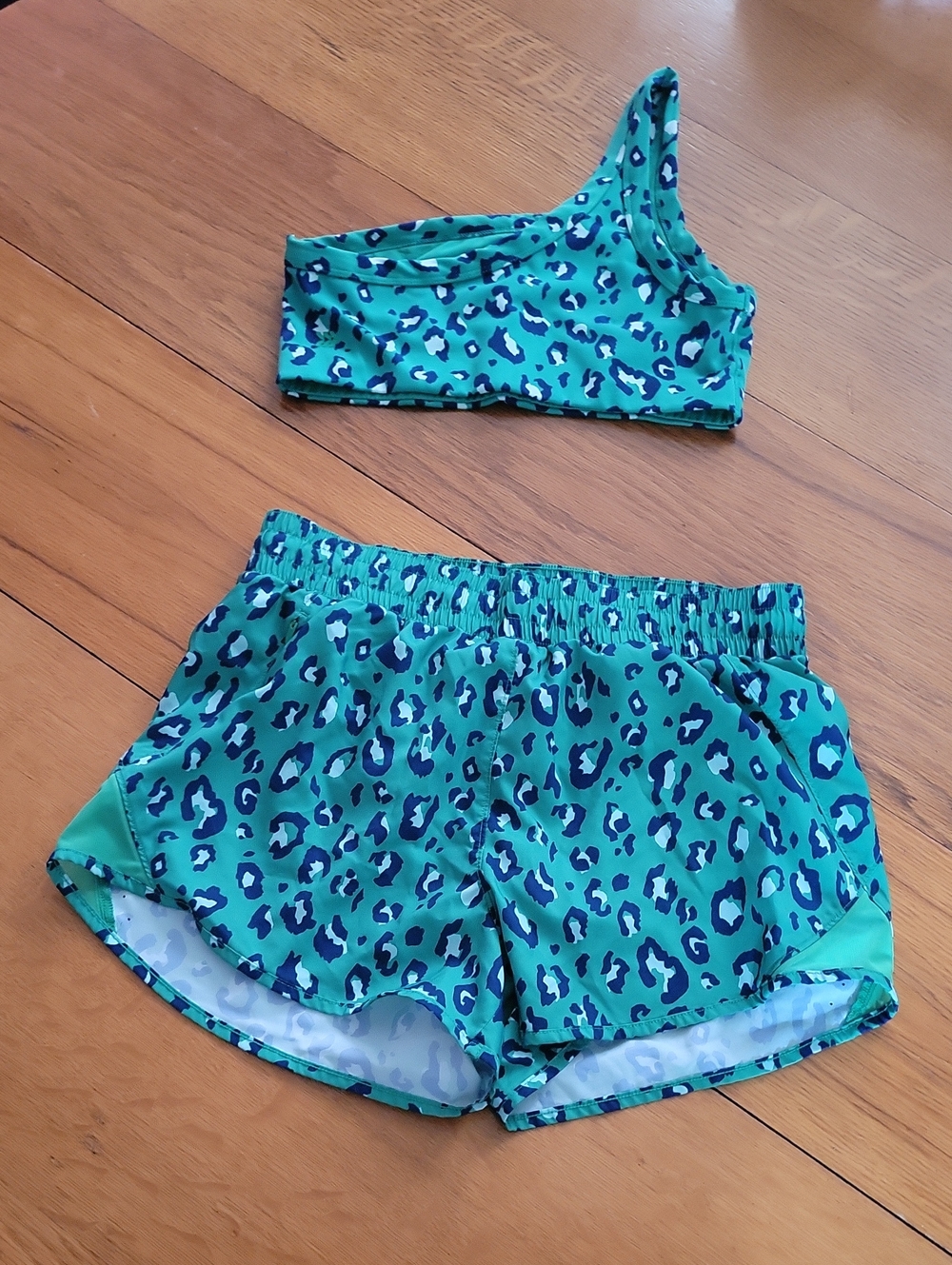 all in motion Teal Leopard-Print Sports Bra And Shorts Set